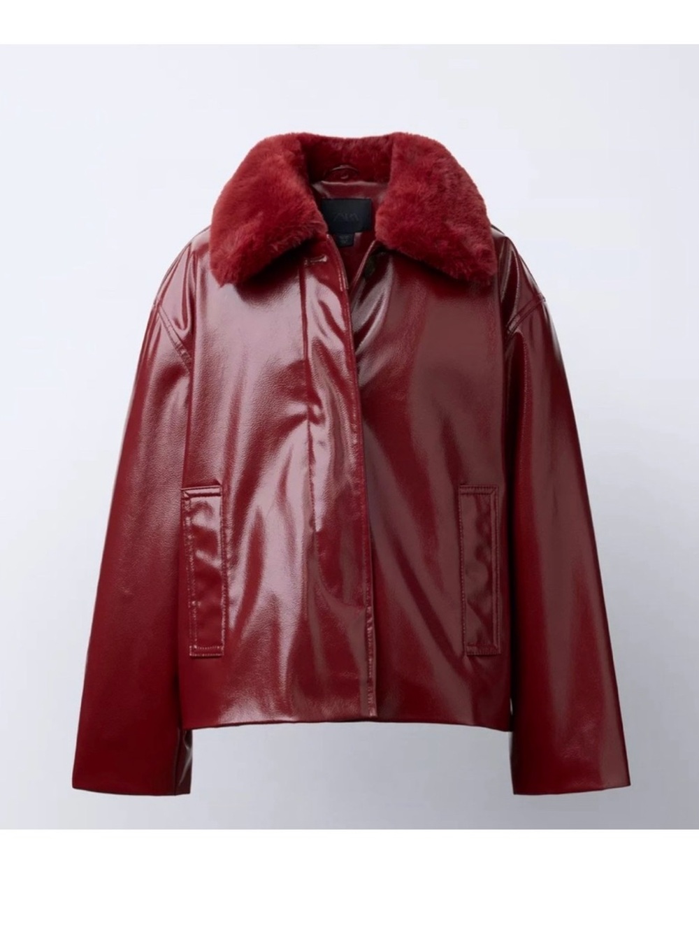 NWT Zara Burgundy Faux-Leather Jacket with Faux-Fur Collar